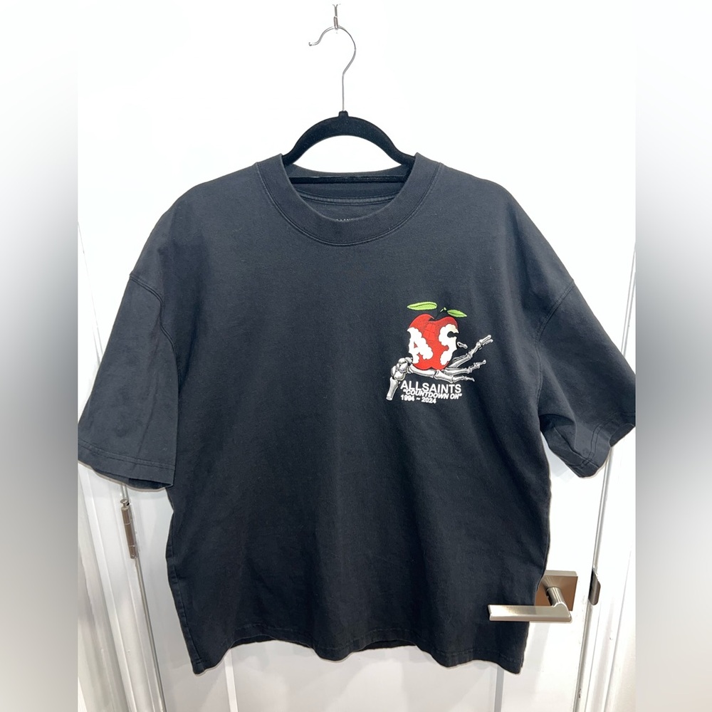 All Saints Black Short Sleeve Tee with Red Apple Graphic oversized